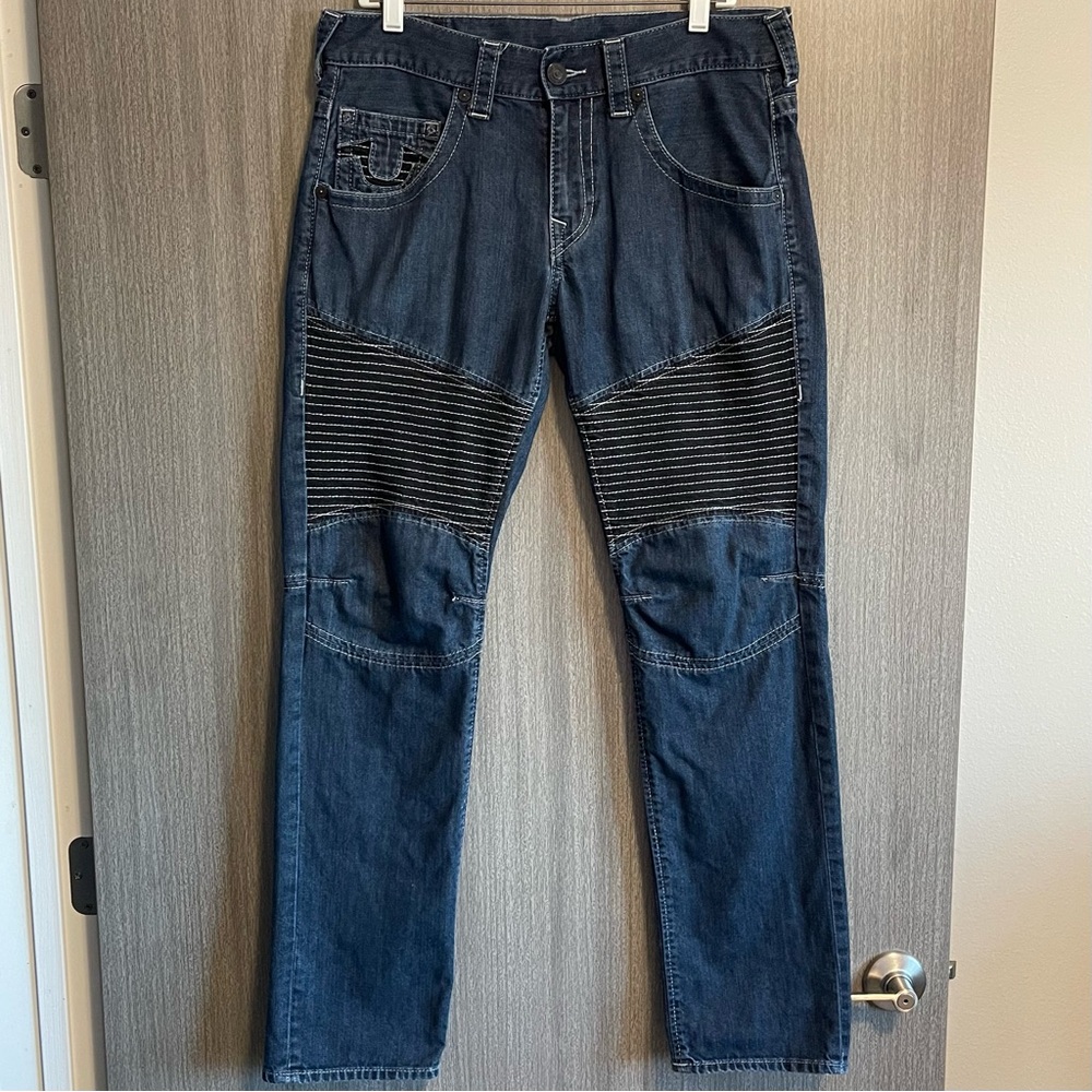 True Religion Moto Slim Run Jeans - Tonal Stitching & Biker Style - Size 32